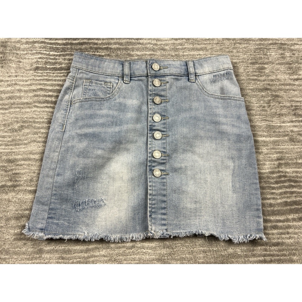 Indigo Rein Skirt Juniors 1 Denim Light Wash Raw Hem Button‎ Front